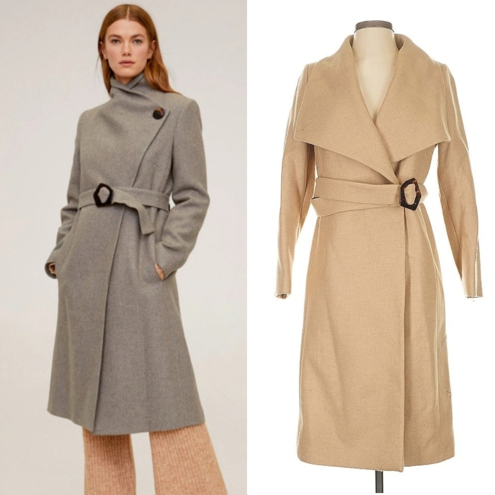 Mango Camel Wide Lapel Manteco Wool Belted Wrap Trench Coat